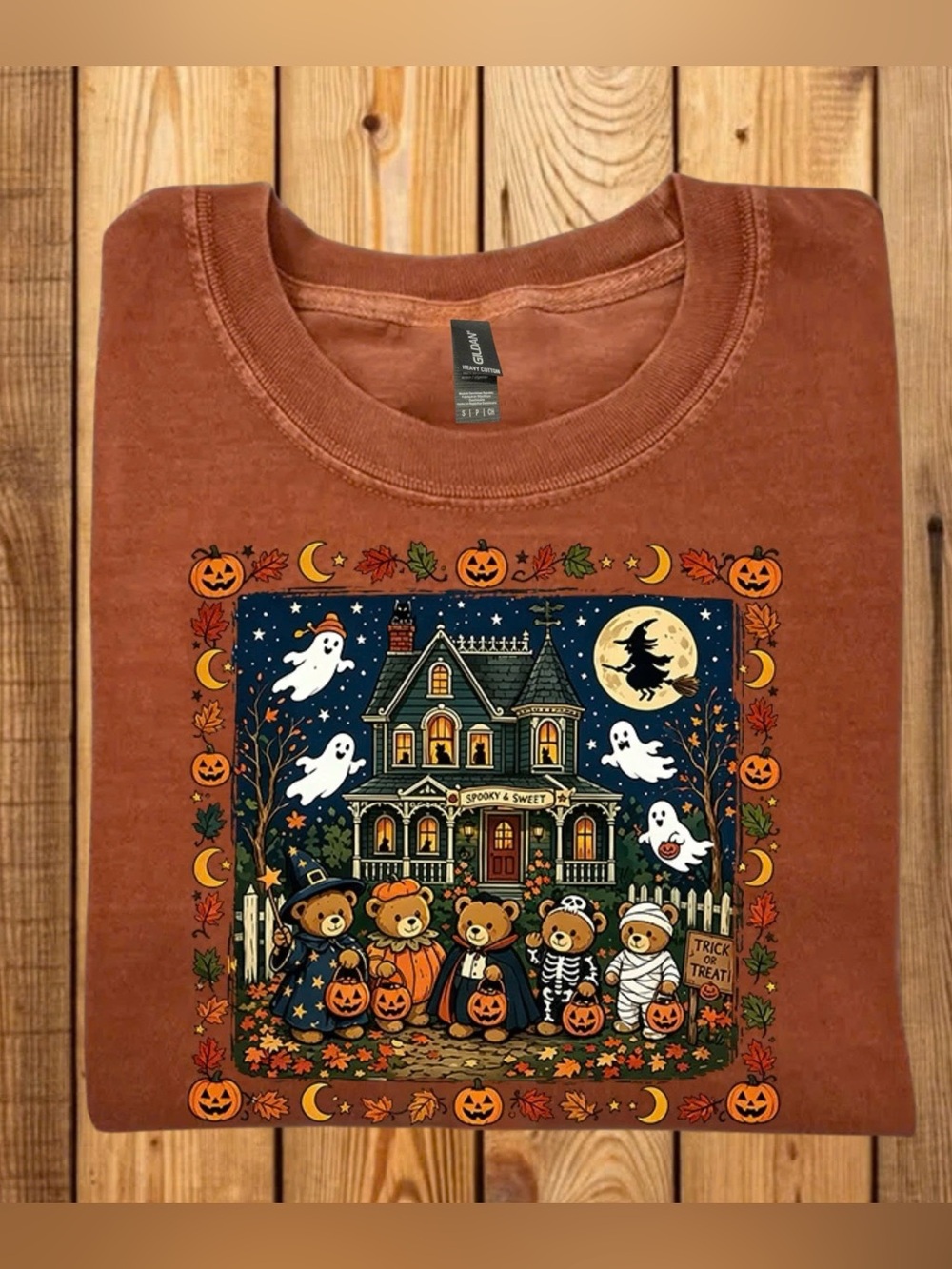 Gildan Orange Short Sleeve Tee with Halloween Bear House Graphic